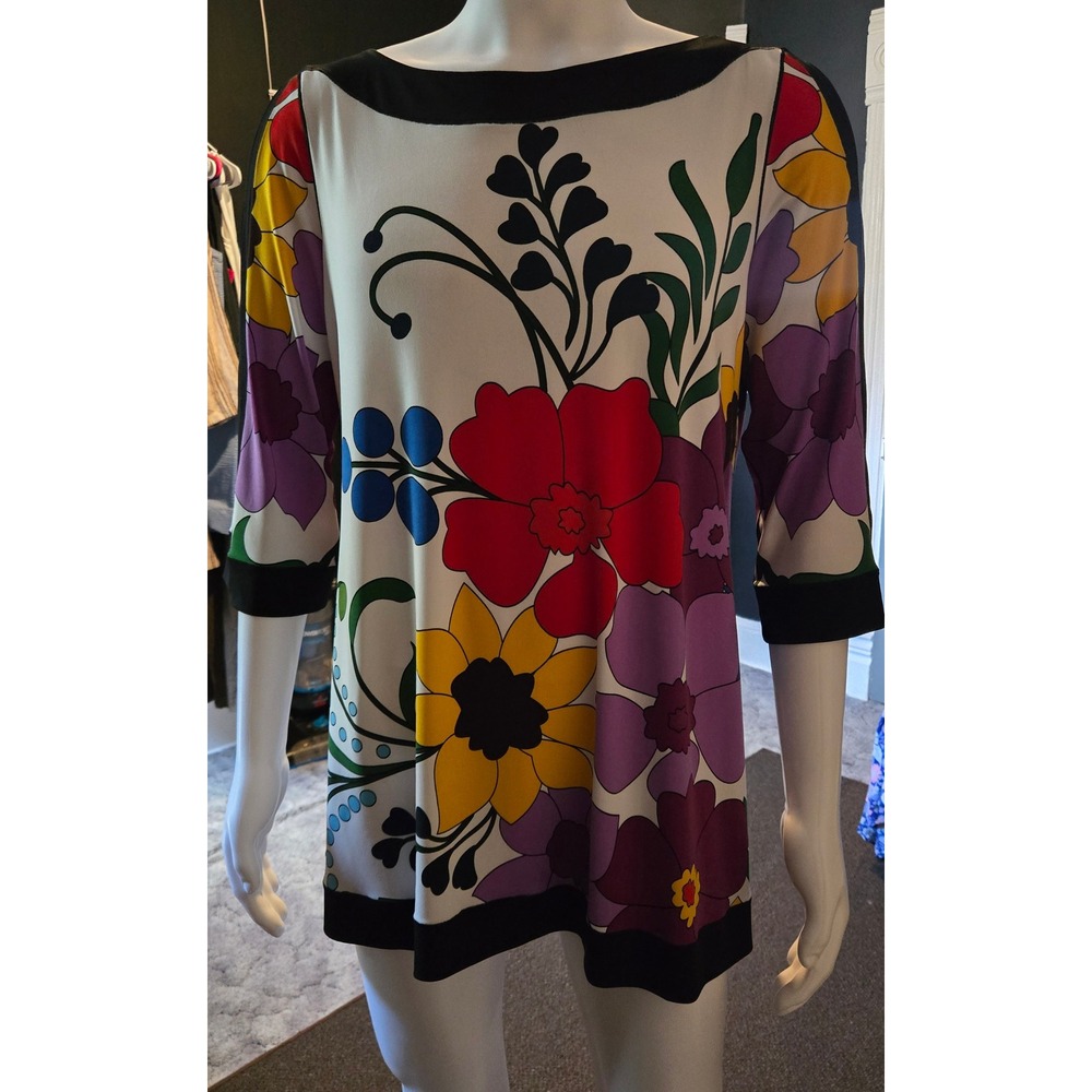 Eva Varro Floral Tunic Top XL Multi-Color Boat Neck 3/4 Split Sleeve USA Made